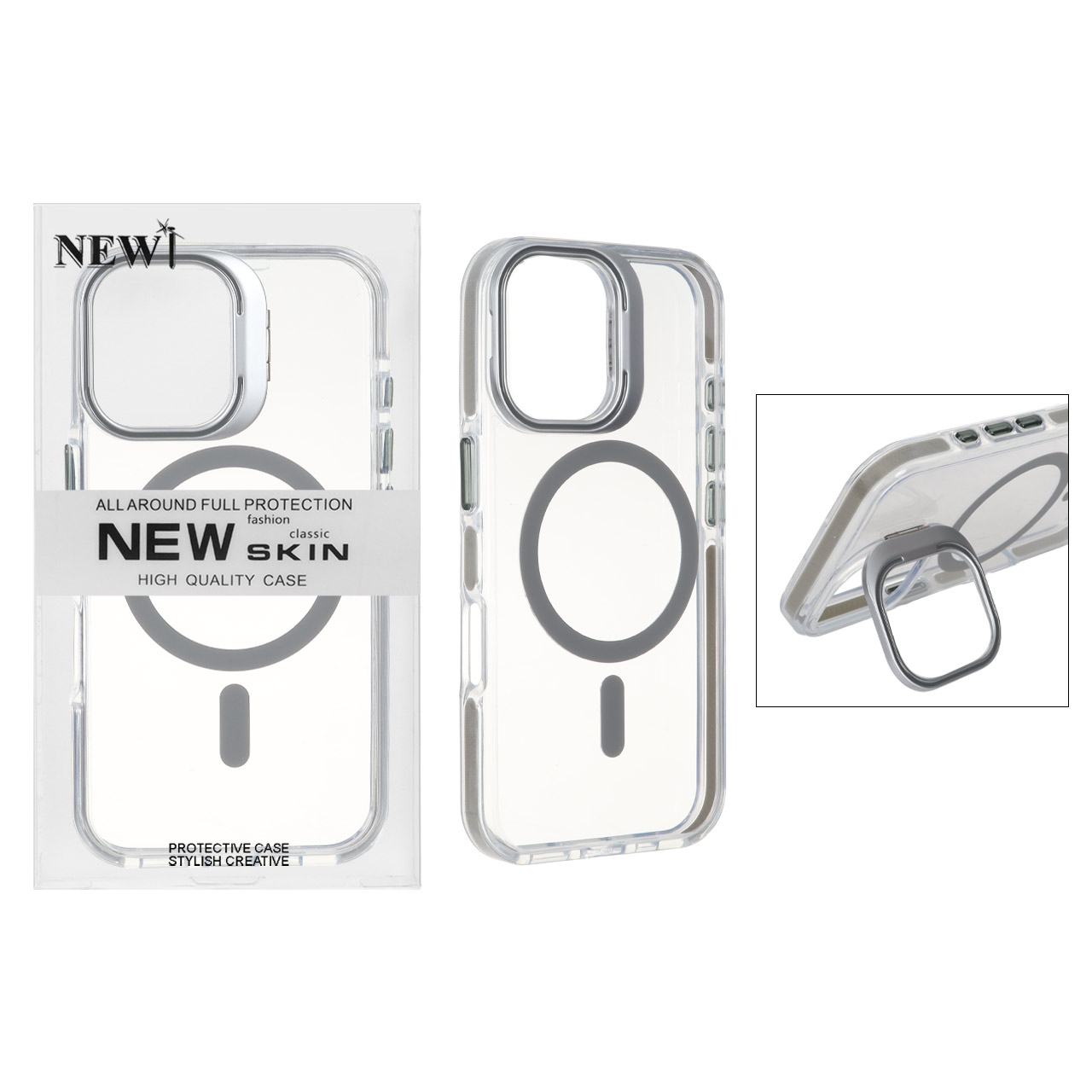 قاب اورجینال New Skin شفاف کریستالی MagSafe لنز استندشو Apple iPhone 16 - خاکستری (پک دار)